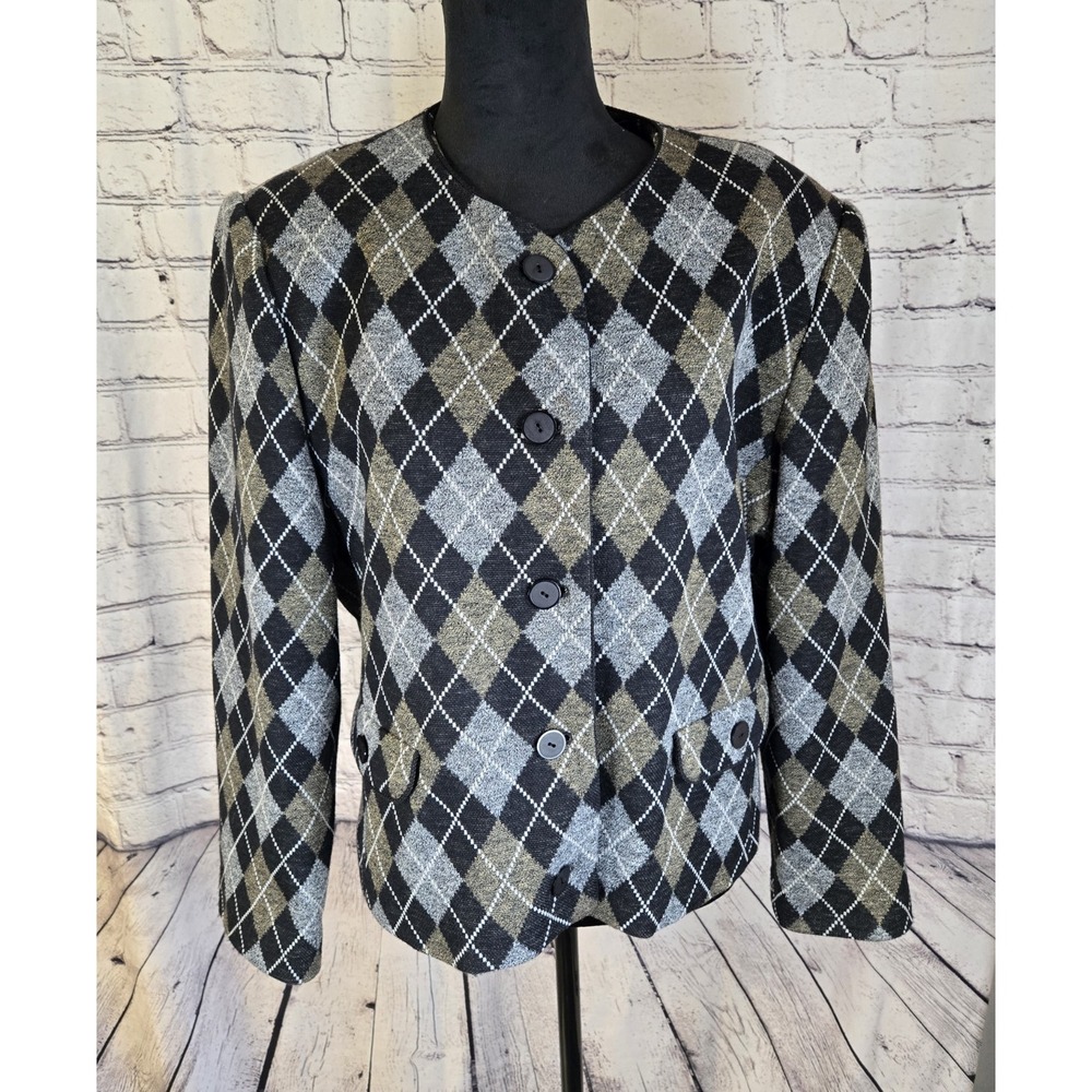 Henry-Lee Women's Argyle Jacket Blazer Button Size 12 Black Gray